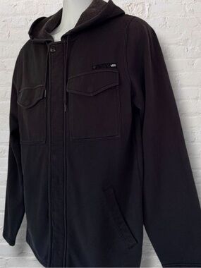 Vans Men’s M Black Hooded Shirt Jacket Full Zip Snap Front Skull Detail